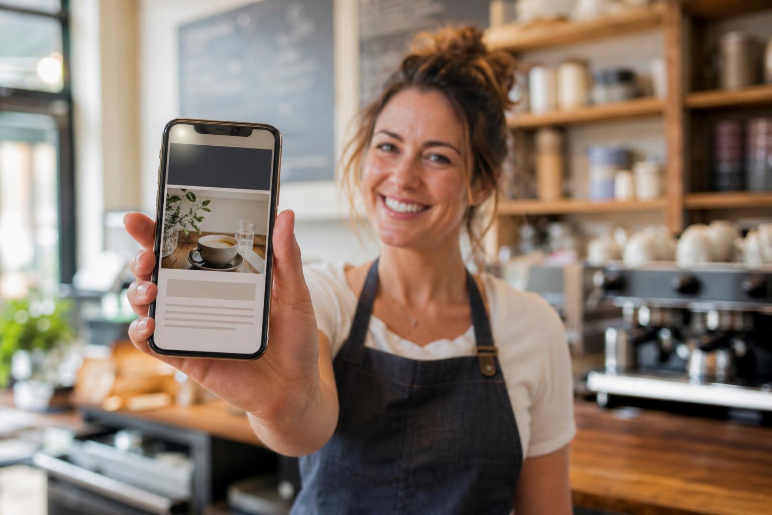 A small business owner confidently showing their professional website on a phone