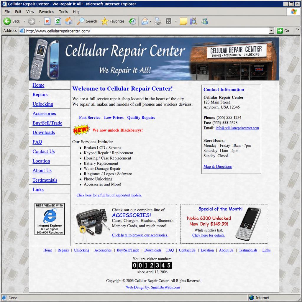 Cluttered, outdated small business website with mismatched fonts and broken layout